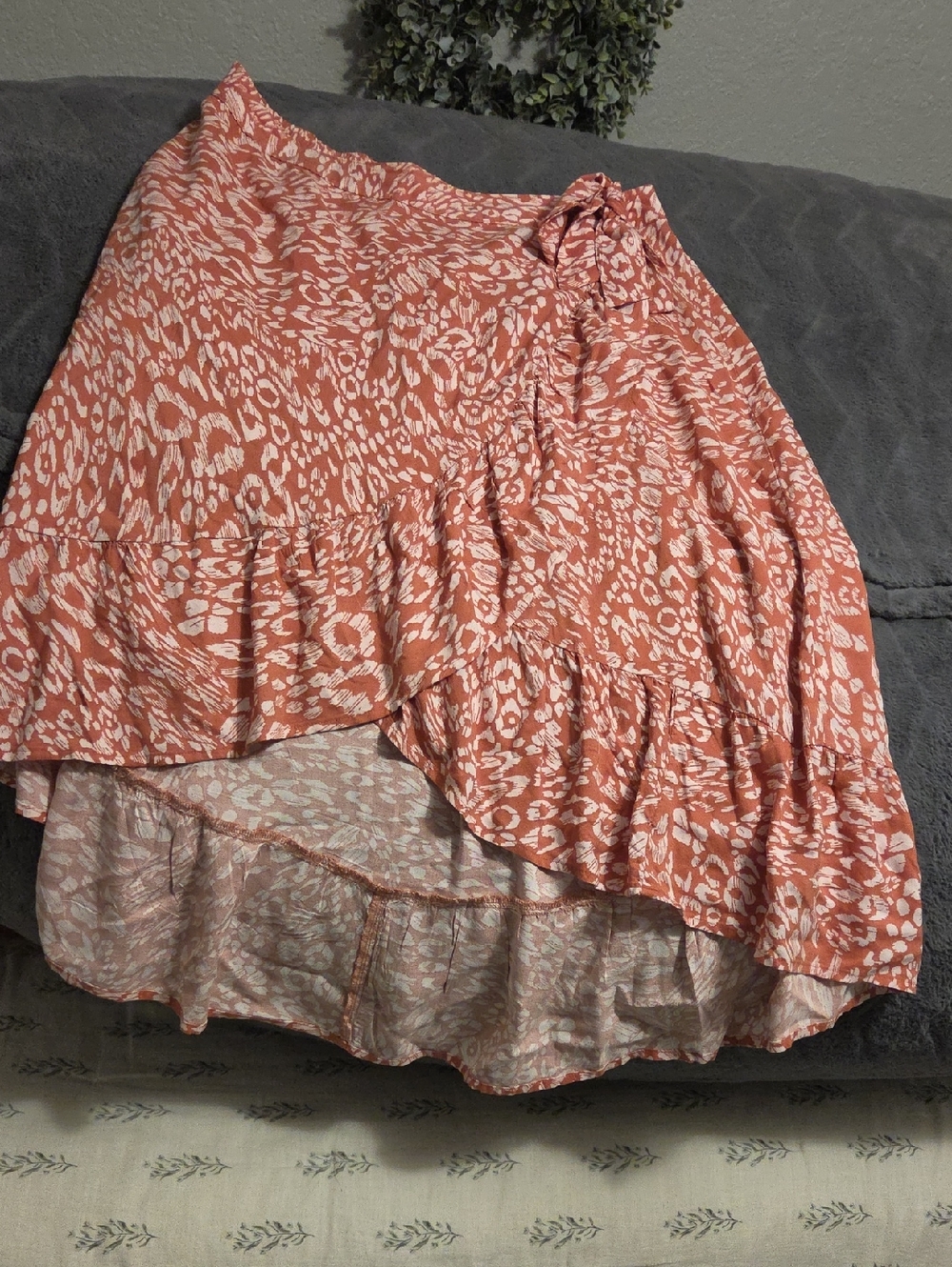 SO Coral Animal Print High-Low Ruffle Wrap Skirt